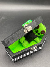 Load image into Gallery viewer, Lime Green BeetleJuice Inspired Wood Coffin Ring Box And Spooky But Cute Misfit VooDoo Doll
