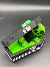 Load image into Gallery viewer, Lime Green BeetleJuice Inspired Wood Coffin Ring Box And Spooky But Cute Misfit VooDoo Doll
