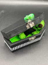 Load image into Gallery viewer, Lime Green BeetleJuice Inspired Wood Coffin Ring Box And Spooky But Cute Misfit VooDoo Doll
