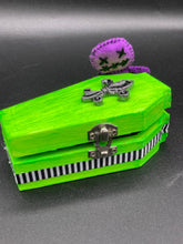 Load image into Gallery viewer, Lime Green BeetleJuice Inspired Wood Coffin Ring Box And Spooky But Cute Misfit VooDoo Doll
