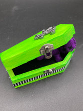 Load image into Gallery viewer, Lime Green BeetleJuice Inspired Wood Coffin Ring Box And Spooky But Cute Misfit VooDoo Doll
