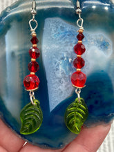 Load image into Gallery viewer, Whimsical Red And Green Beaded Earrings, Hippie Vibe, Shabby Chic, Boho Chic, Nature Inspired, Bohemian
