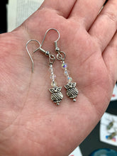 Load image into Gallery viewer, These sleek earrings feature tiny glass beads with a shimmery iridescent and silver finish, along with silver-plated owls for a stylish touch.  Measurements: 1 1/4” in length
