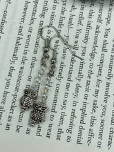 Load image into Gallery viewer, These sleek earrings feature tiny glass beads with a shimmery iridescent and silver finish, along with silver-plated owls for a stylish touch.  Measurements: 1 1/4” in length
