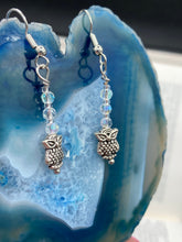 Load image into Gallery viewer, These sleek earrings feature tiny glass beads with a shimmery iridescent and silver finish, along with silver-plated owls for a stylish touch.  Measurements: 1 1/4” in length
