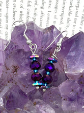 Load image into Gallery viewer, These rainbow hematite and dark purple glass beaded earrings are the ideal accessory for bohemian summer looks, providing a touch of chic elegance to hippie and nature-inspired styles.  Measurements: 1” in length

