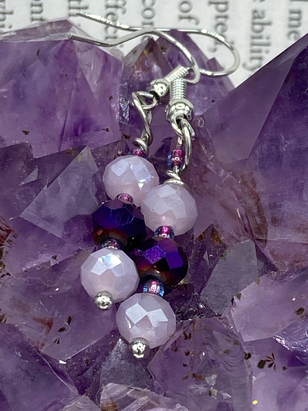 Dainty Dusty Rose And Dark Purple Glass Beaded Earrings, Shabby Chic, Boho Chic, Nature Inspired