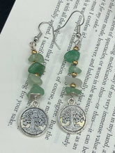 Load image into Gallery viewer, This nature-inspired set of earrings features a single strand of natural green aventurine chip stones and gold glass beads, highlighted by a silver-plated Tree of Life pendant.  Measurements: 2 1/4” in length 
