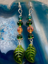 Load image into Gallery viewer, Whimsical Green And Gold Beaded Earrings, Hippie Vibe, Nature Inspired, Cosplay
