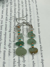 Load image into Gallery viewer, This simple yet elegant set of earrings features a single strand of natural green aventurine chip stones, accented by small turquoise and gold glass beads. Measurements: 1 1/2” in length 
