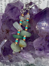 Load image into Gallery viewer, This simple yet elegant set of earrings features a single strand of natural green aventurine chip stones, accented by small turquoise and gold glass beads. Measurements: 1 1/2” in length 
