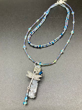 Load image into Gallery viewer, This stunning rectangular-shaped Black Labradorite Stone necklace features a wire-wrapped dragonfly pendant, completed with intricate glass bead detailing. Perfect for a summer night, it will make a bold statement.  Measurements: Necklace is 16” adjustable up to 18&quot;
