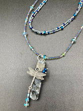 Load image into Gallery viewer, This stunning rectangular-shaped Black Labradorite Stone necklace features a wire-wrapped dragonfly pendant, completed with intricate glass bead detailing. Perfect for a summer night, it will make a bold statement.  Measurements: Necklace is 16” adjustable up to 18&quot;
