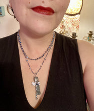 Load image into Gallery viewer, This stunning rectangular-shaped Black Labradorite Stone necklace features a wire-wrapped dragonfly pendant, completed with intricate glass bead detailing. Perfect for a summer night, it will make a bold statement.  Measurements: Necklace is 16” adjustable up to 18&quot;
