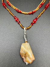 Load image into Gallery viewer, The Vibrant Yellow Agate Natural Stone Red Gold Beaded Choker Style Necklace is a fierce and bold statement piece. Featuring three strands of multi-color glass beads and a mixture of red and gold beads, this jewelry is a perfect addition to any collection. For a complete look, the merchant has created matching earrings. Necklace is 15” in length adjustable to 18" in length. Earrings are 1” length
