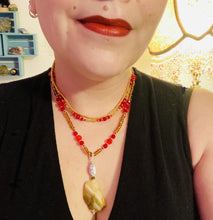 Load image into Gallery viewer, Vibrant Yellow Agate Natural Stone Red Gold Beaded Choker Style Necklace, Shabby Chic Jewelry, Hippie Nature Inspired, Bold Phoenix Style
