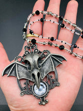 Load image into Gallery viewer, Dark Elegant Black, Gray, Silver Collar Style Adjustable Glass Beaded Necklace is the ultimate vampire goth jewelry statement piece to add to your jewelry collection. Metal raven skull with highly detailed bat wings. This beautiful necklace has a dark tone death raven theme, both is a unique and bold piece of jewelry. Necklace is 14 1/2” adjustable up to 18&quot; in length - nickel free metal ravel skull pendant 2 3/4&quot;
