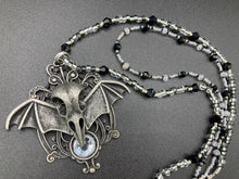 Load image into Gallery viewer, Dark Elegant Black, Gray, Silver Collar Style Adjustable Glass Beaded Necklace is the ultimate vampire goth jewelry statement piece to add to your jewelry collection. Metal raven skull with highly detailed bat wings. This beautiful necklace has a dark tone death raven theme, both is a unique and bold piece of jewelry. Necklace is 14 1/2” adjustable up to 18&quot; in length - nickel free metal ravel skull pendant 2 3/4&quot;
