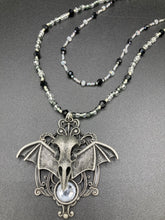 Load image into Gallery viewer, Dark Elegant Black, Gray, Silver Collar Style Adjustable Glass Beaded Necklace is the ultimate vampire goth jewelry statement piece to add to your jewelry collection. Metal raven skull with highly detailed bat wings. This beautiful necklace has a dark tone death raven theme, both is a unique and bold piece of jewelry. Necklace is 14 1/2” adjustable up to 18&quot; in length - nickel free metal ravel skull pendant 2 3/4&quot;

