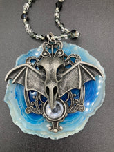 Load image into Gallery viewer, Dark Elegant Black, Gray, Silver Collar Style Adjustable Glass Beaded Necklace is the ultimate vampire goth jewelry statement piece to add to your jewelry collection. Metal raven skull with highly detailed bat wings. This beautiful necklace has a dark tone death raven theme, both is a unique and bold piece of jewelry. Necklace is 14 1/2” adjustable up to 18&quot; in length - nickel free metal ravel skull pendant 2 3/4&quot;
