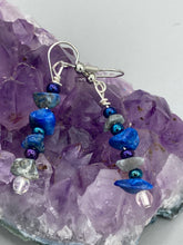 Load image into Gallery viewer, A single strand of lapis stone chips and multicolor glass beads compose these sophisticated earrings, perfect for bringing effortless nature-inspired style to a shabby chic, boho-chic, or hippie vibe ensemble. Measurements: 1 3/8” in length 
