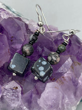 Load image into Gallery viewer, These Square Shape Snowflake Obsidian Beaded Earrings are perfect for achieving a boho chic and nature-inspired look. Featuring a cool tone stone set of beads, these earrings are large and perfectly versatile for a range of styles. Measurements: 1 1/4” in length
