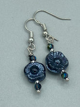 Load image into Gallery viewer, Black metallic floral glass beaded earrings are very versatile in style, you can dress these up or down, they will compliment any outfit.  Measurements: 1 1/4 ” in length
