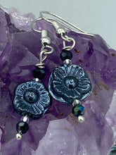 Load image into Gallery viewer, These gorgeous Black Metallic Floral Glass Beaded Earrings are the perfect accessory for any outfit. Shabby Boho Chic and nature-inspired, these earrings give you the style versatility you need. Dress these up or down depending on the occasion - you can&#39;t go wrong.  Measurements: 1 1/4 ” in length
