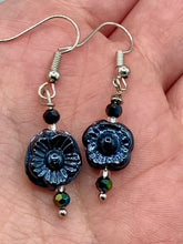 Load image into Gallery viewer, Black metallic floral glass beaded earrings are very versatile in style, you can dress these up or down, they will compliment any outfit.  Measurements: 1 1/4 ” in length
