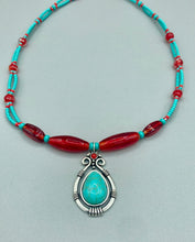 Load image into Gallery viewer, Southwest Style Inspired Adjustable Choker Beaded Necklace, Turquoise And Red Glass Beads, Teardrop Silver Plated Pendant

