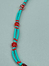 Load image into Gallery viewer, Southwest Style Inspired Adjustable Choker Beaded Necklace, Turquoise And Red Glass Beads, Teardrop Silver Plated Pendant
