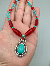 Load image into Gallery viewer, Southwest Style Inspired Adjustable Choker Beaded Necklace, Turquoise And Red Glass Beads, Teardrop Silver Plated Pendant

