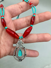 Load image into Gallery viewer, Southwest Style Inspired Adjustable Choker Beaded Necklace, Turquoise And Red Glass Beads, Teardrop Silver Plated Pendant
