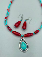 Load image into Gallery viewer, Southwest Style Inspired Adjustable Choker Beaded Necklace, Turquoise And Red Glass Beads, Teardrop Silver Plated Pendant
