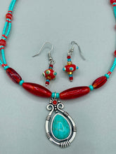 Load image into Gallery viewer, Southwest Style Inspired Adjustable Choker Beaded Necklace, Turquoise And Red Glass Beads, Teardrop Silver Plated Pendant
