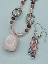 Load image into Gallery viewer, Natural Rose Quartz Square Shaped Stone With Glass Beaded Choker Style Necklace, Shabby Chic Jewelry With Matching Earrings, Bohemian Style
