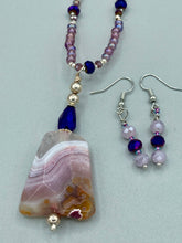 Load image into Gallery viewer, Large Dusty Rose Agate Natural Stone Pink Glass Beaded Choker Style Necklace, Hippie Nature Lovers Necklace With Matching Fish Hook Earrings
