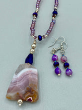 Load image into Gallery viewer, Large Dusty Rose Agate Natural Stone Pink Glass Beaded Choker Style Necklace, Hippie Nature Lovers Necklace With Matching Fish Hook Earrings
