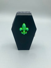 Load image into Gallery viewer, Lime Green BeetleJuice Inspired Wood Coffin Ring Box And Spooky But Cute Misfit VooDoo Doll
