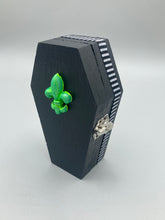 Load image into Gallery viewer, Lime Green BeetleJuice Inspired Wood Coffin Ring Box And Spooky But Cute Misfit VooDoo Doll
