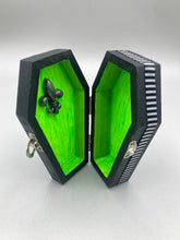 Load image into Gallery viewer, Lime Green BeetleJuice Inspired Wood Coffin Ring Box And Spooky But Cute Misfit VooDoo Doll
