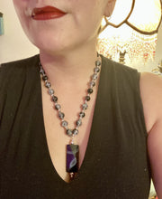Load image into Gallery viewer, This black agate natural stone necklace features a unique rectangular pyramid shape and multi-colored glass beads. Perfect for all kinds of looks, from cocktail attire to shabby chic to elegant goth styles, this necklace is as versatile as it is stylish and will complete any outfit. The set includes matching earrings, making it a must-have addition to any jewelry collection.  Measurements:  Necklace is 18 1/2” 
