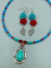 Load image into Gallery viewer, Southwest Style Inspired Adjustable Choker Beaded Necklace, Turquoise And Red Glass Beads, Teardrop Silver Plated Pendant
