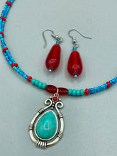 Load image into Gallery viewer, Southwest Style Inspired Adjustable Choker Beaded Necklace, Turquoise And Red Glass Beads, Teardrop Silver Plated Pendant
