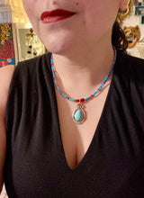 Load image into Gallery viewer, Southwest Style Inspired Adjustable Choker Beaded Necklace, Turquoise And Red Glass Beads, Teardrop Silver Plated Pendant
