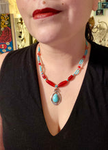 Load image into Gallery viewer, Southwest Style Inspired Adjustable Choker Beaded Necklace, Turquoise And Red Glass Beads, Teardrop Silver Plated Pendant
