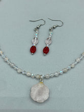 Load image into Gallery viewer, Genuine Natural Stone Rose Quartz Floral Pendant, Iridescent Glass Beaded Princess Style Necklace, Hippie Nature Lovers Necklace
