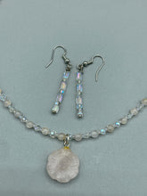 Load image into Gallery viewer, Genuine Natural Stone Rose Quartz Floral Pendant, Iridescent Glass Beaded Princess Style Necklace, Hippie Nature Lovers Necklace
