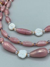 Load image into Gallery viewer, This three-strand beaded necklace is crafted with iridescent dusty rose glass, along with white, gold, pink, and iridescent purple beads for an eclectic mix of colors, tones, and textures. Perfect for any occasion, this gorgeous statement piece will add the finishing touch to your look.   Measurements:   Necklace is 17” in length, can be adjusted up to 19&quot; 
