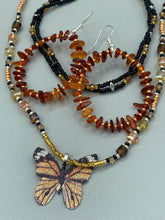 Load image into Gallery viewer, Butterfly necklace and amber stone chip earrings

